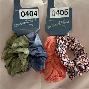 2 pc set - Universal Thread Olive, Blue, Coral & Floral Fabric Scrunchie Set